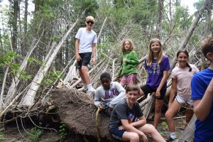 group of campers posing for the camera standing on tree stumps in the woods.